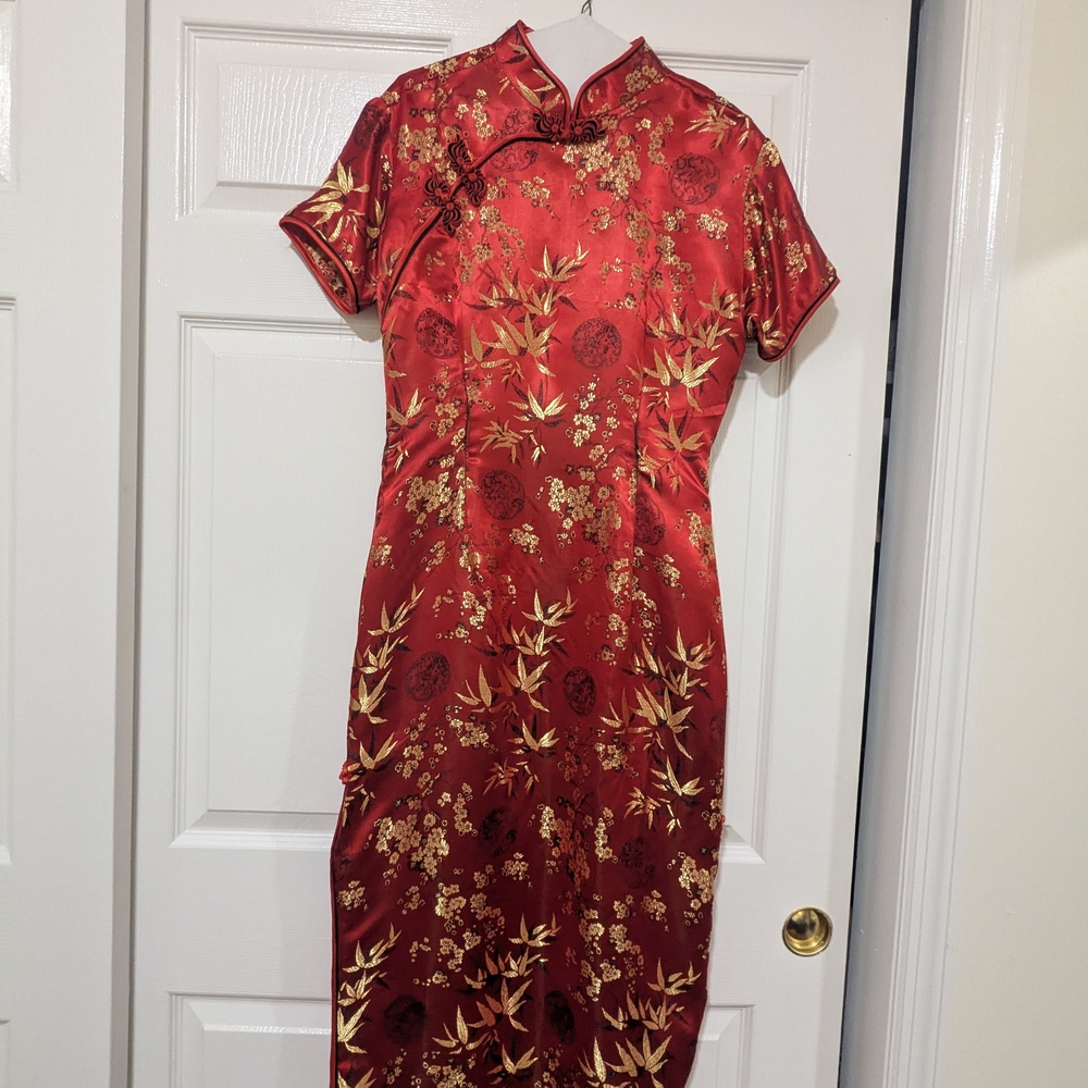 Classic Red Satin Cheongsam Dress with Gold Floral Detail